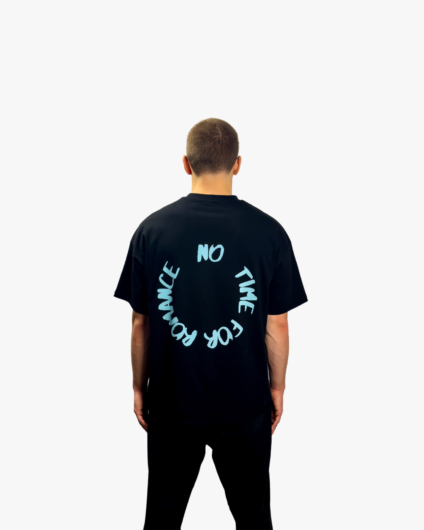 NO TIME FOR ROMANCE T-SHIRT - BLACK, model back side